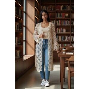 Chris McLaughlin XL Beige Crochet Open Front Kimono Jacket Long Sleeve